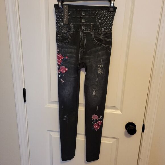 Floral Pearl Embellished Denim Color Distressed Jeggings Leggings - Picture 1 of 8